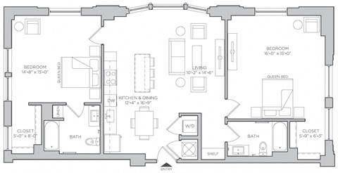 Floor plan for 2 beds, 2 baths, 1126 sqft
